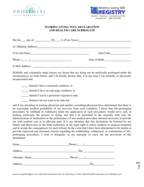 Florida Living Will Declaration and Health Care Surrogate
