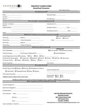 StonePeak Ceramics Product Claim Form