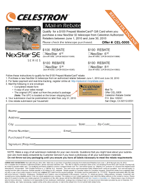 Celestron NexStar SE Telescope Mail-in Rebate Form