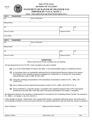 New Jersey Statement of Waiver of Transfer Tax