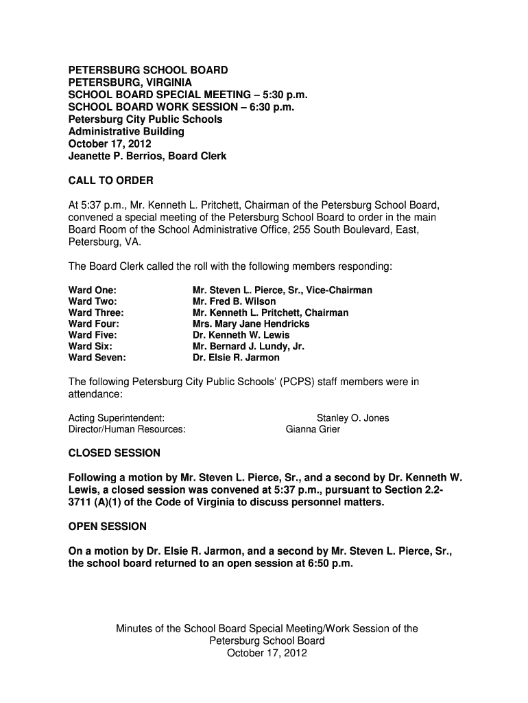 Fillable Online petersburg k12 va PETERSBURG SCHOOL BOARD petersburg