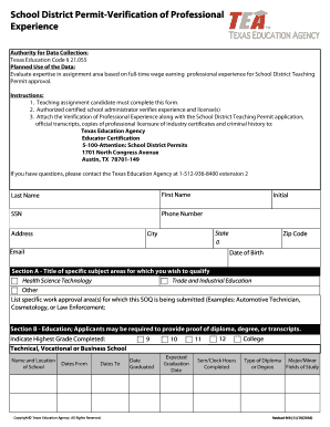 Texas School District Teaching Permit Professional Experience Verification