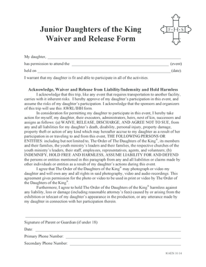 Junior Daughters of the King Waiver and Release Form