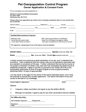 Pet Sterilization Application and Consent Form