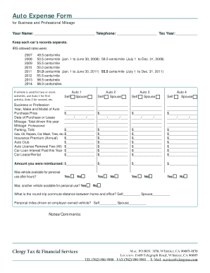 Auto Expense Form for Business and Professional Mileage