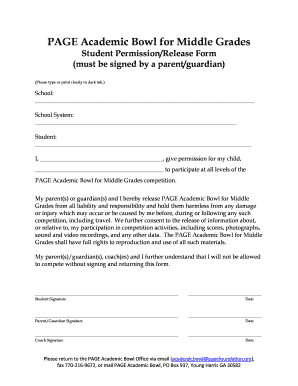 PAGE Academic Bowl Middle Grades Permission Form