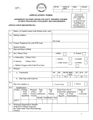Tamil Nadu M.P.T Degree Application Form