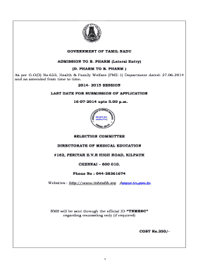 Tamil Nadu B.Pharm Lateral Entry Admission Form