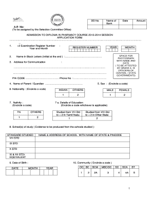 Diploma in Pharmacy Admission Application Form