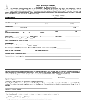 First Regional Library Borrower Card Application