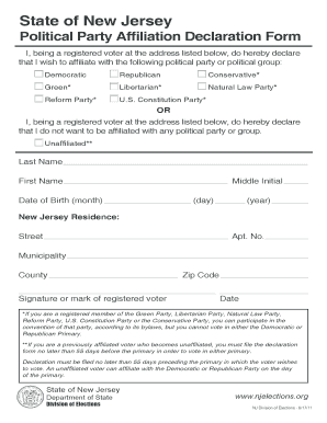 New Jersey Political Party Affiliation Declaration Form