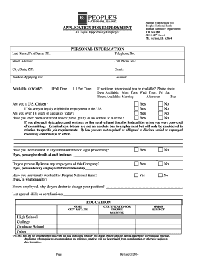 Peoples National Bank Employment Application