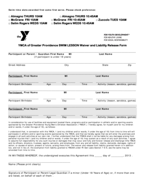 YMCA Swim Lesson Waiver and Liability Release Form