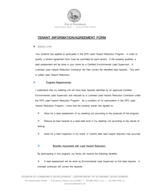 Tenant Agreement Form for Lead Hazard Reduction Program