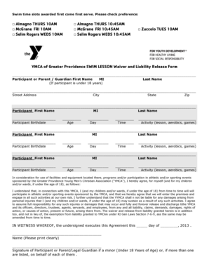 YMCA Swim Lesson Waiver and Liability Release Form