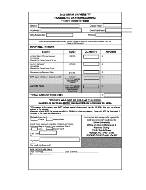 Shaw University Founder's Day/Homecoming Ticket Order Form