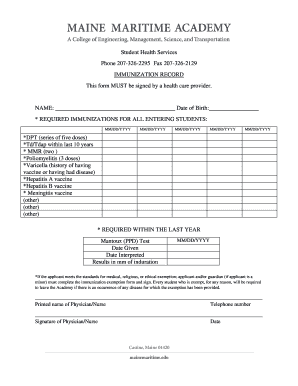 Student Immunization Record Form