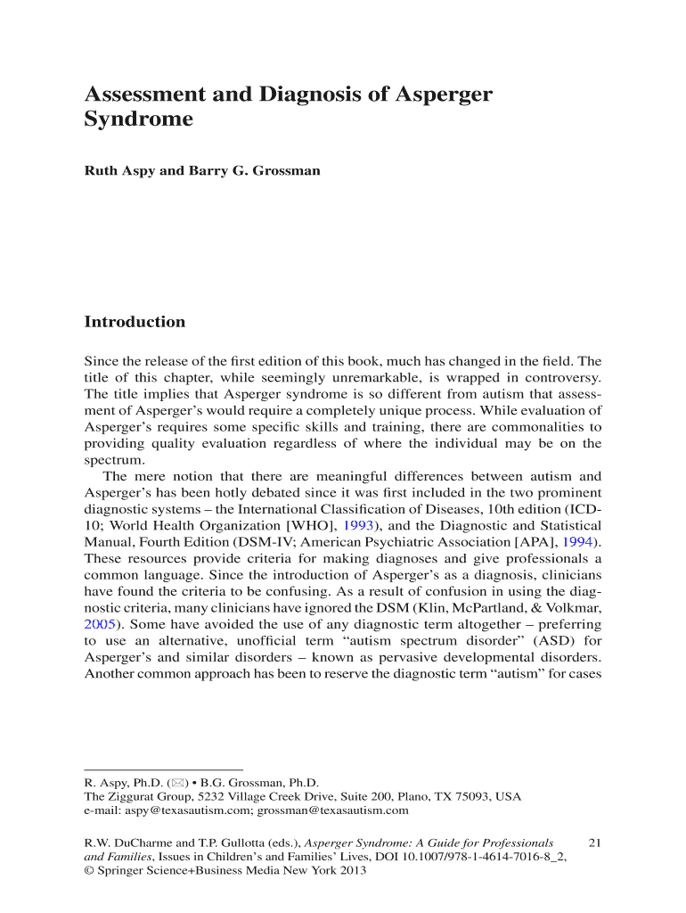 Fillable Online Assessment and Diagnosis of Asperger Fax Email Print ...