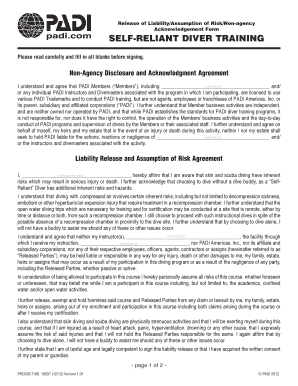 Self-Reliant Diver Training Release of Liability Form