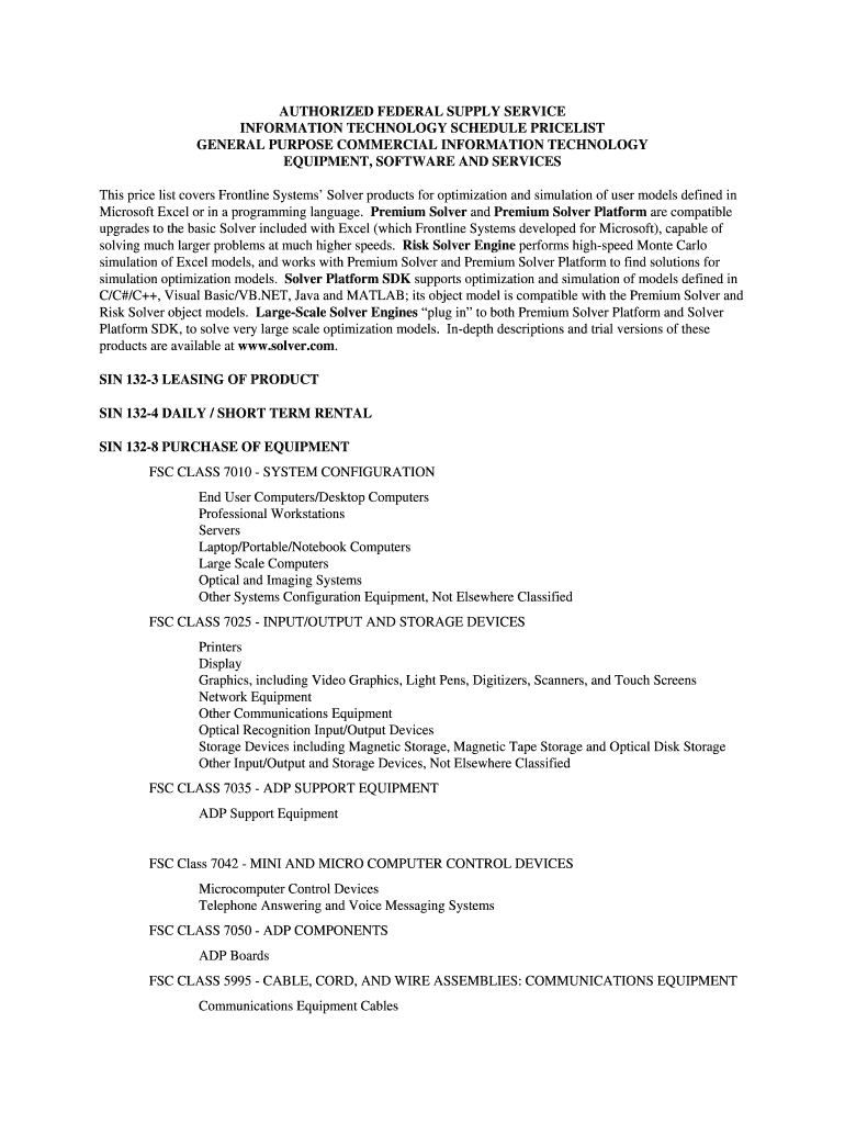 Fillable Online Frontline Systems FSS Price List GS35F0302Tdoc Fax