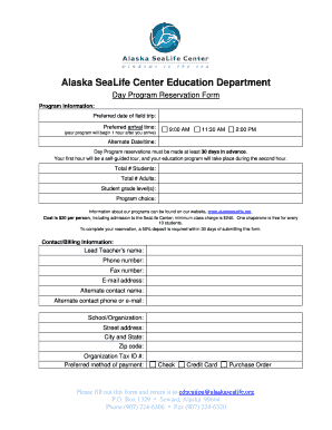 Alaska SeaLife Center Day Program Reservation Form