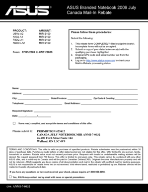 ASUS Canada Mail-In Rebate Form