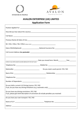 Avalon Enterprise UK Job Application Form