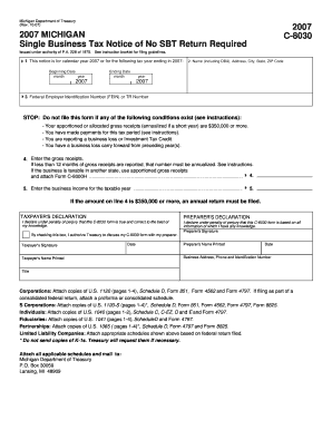 Michigan Single Business Tax Notice of No Return Required
