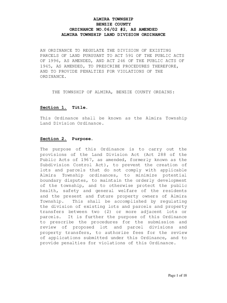Fillable Online ALMIRA TOWNSHIP BENZIE COUNTY ORDINANCE NO.06/02 2