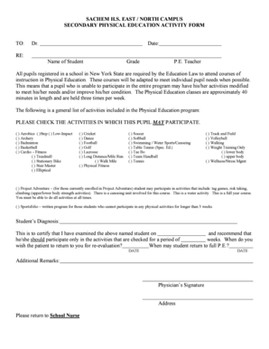 Secondary Physical Education Activity Form