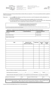 Ontario Works Monthly Child Care Receipt Form