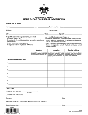 Boy Scouts Merit Badge Counselor Application