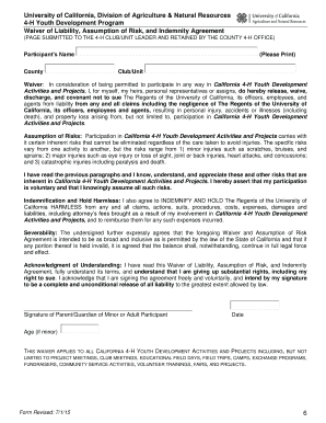 California 4-H Waiver of Liability