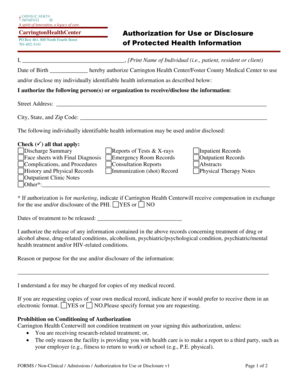 Carrington Health Center Authorization for Use or Disclosure of Protected Health Information
