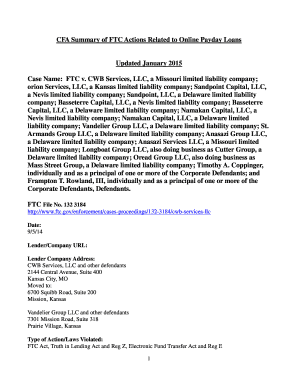 CFA Summary of FTC Actions Related to Online Payday Loans