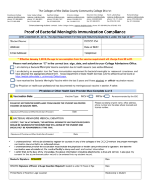 Texas Bacterial Meningitis Vaccine Compliance Form