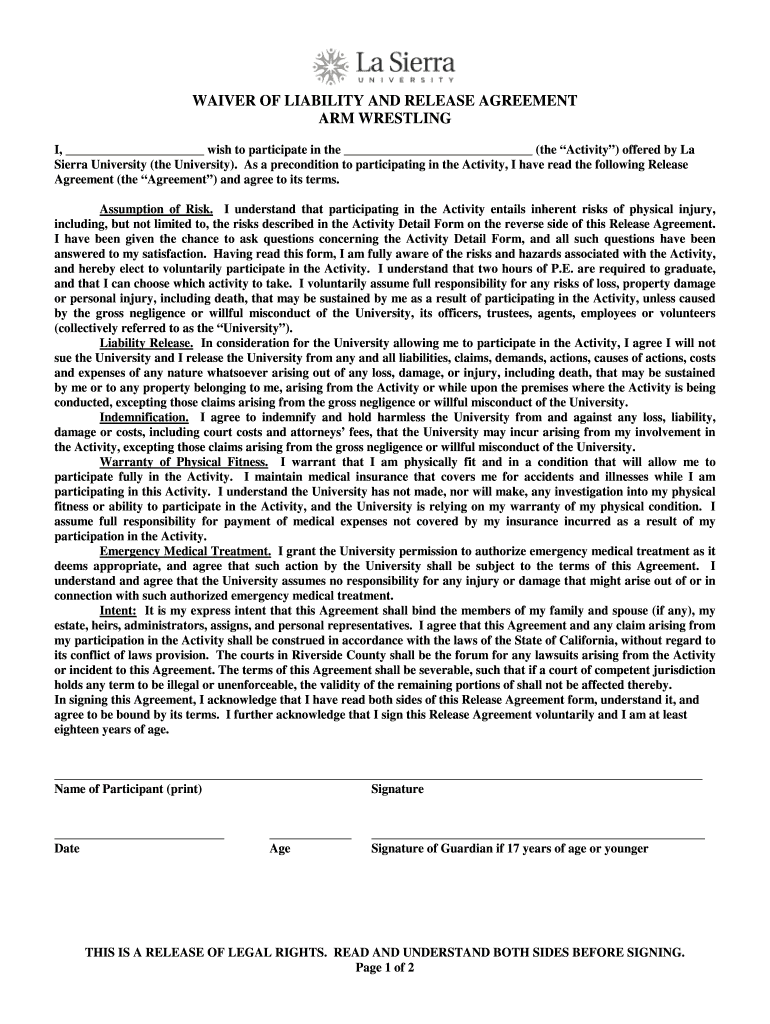 WAIVER OF LIABILITY AND RELEASE AGREEMENT ARM WRESTLING Preview on Page 1