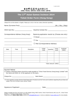 17th Asian Games Incheon 2014 Ticket Order Form