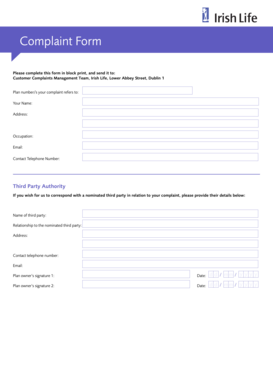 Irish Life Customer Complaint Form
