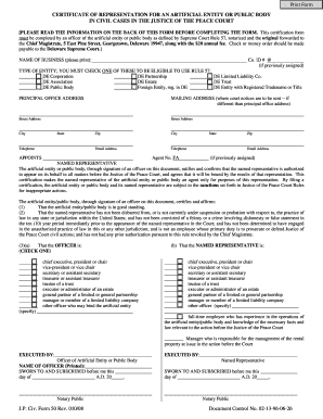 Certificate of Representation for Artificial Entity or Public Body
