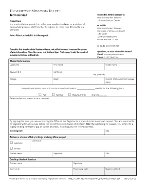 University of Minnesota Term Overload Form