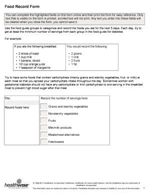 Food Record Form for Diabetes