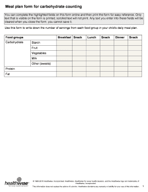 Meal Plan Form for Carbohydrate Counting
