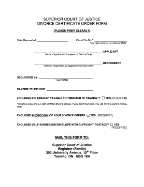 SUPERIOR COURT OF JUSTICE DIVORCE CERTIFICATE ORDER FORM