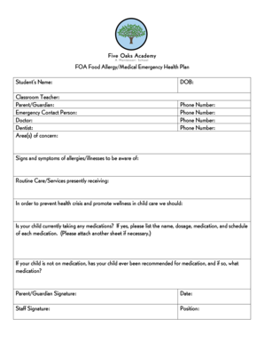 Food Allergy Medical Emergency Health Plan