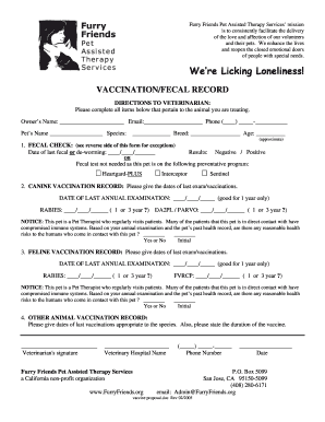 Pet Therapy Vaccination Record Form