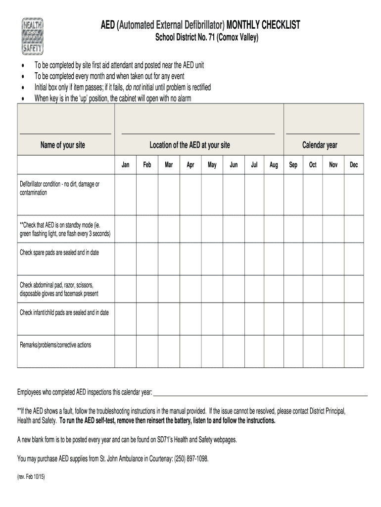 Printable Aed Monthly Checklist Fill Online, Printable, Fillable