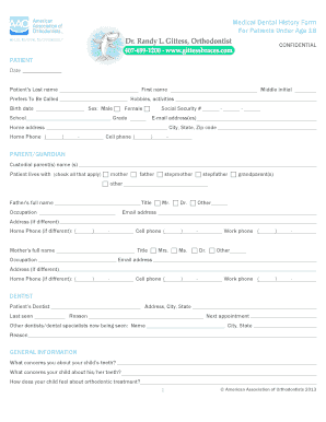 Medical Dental History Form for Patients Under 18