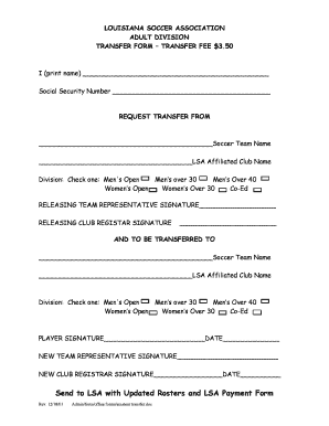 Louisiana Soccer Association Adult Division Transfer Form