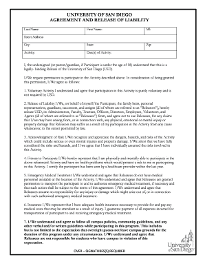 University of San Diego Activity Release of Liability